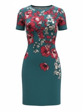 Anthropologie Teal Floral Knit sweater weather. Mini Dress with Red Blooms